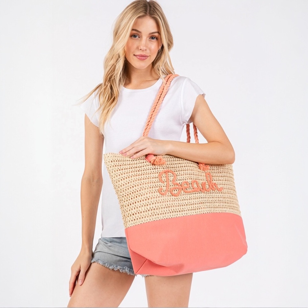 Beach Rope Text Coral Tote Bag